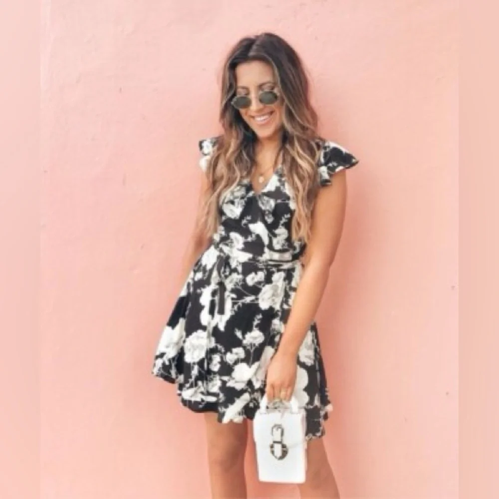 Free People French Quarter Printed Mini Dress Black Onyx Floral Wrap Combo M